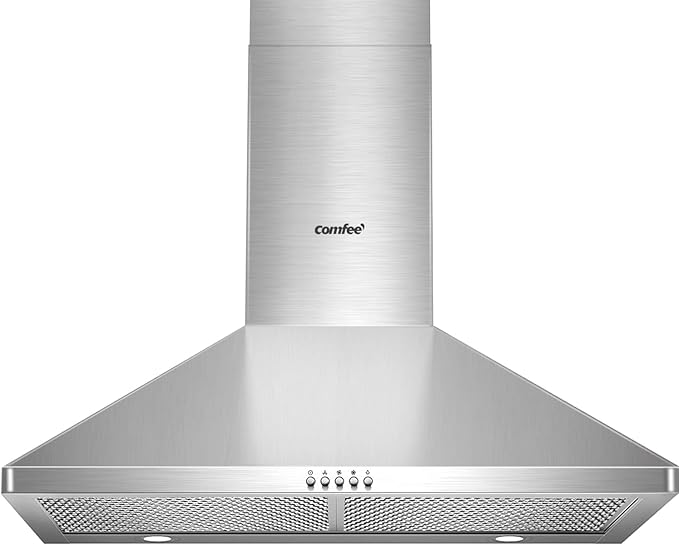 COMFEE' CVP30W6AST Ducted Pyramid Range 450 CFM Stainless Steel Wall Mount Vent Hood with 3 Speed Exhaust Fan, 5-Layer Alu...