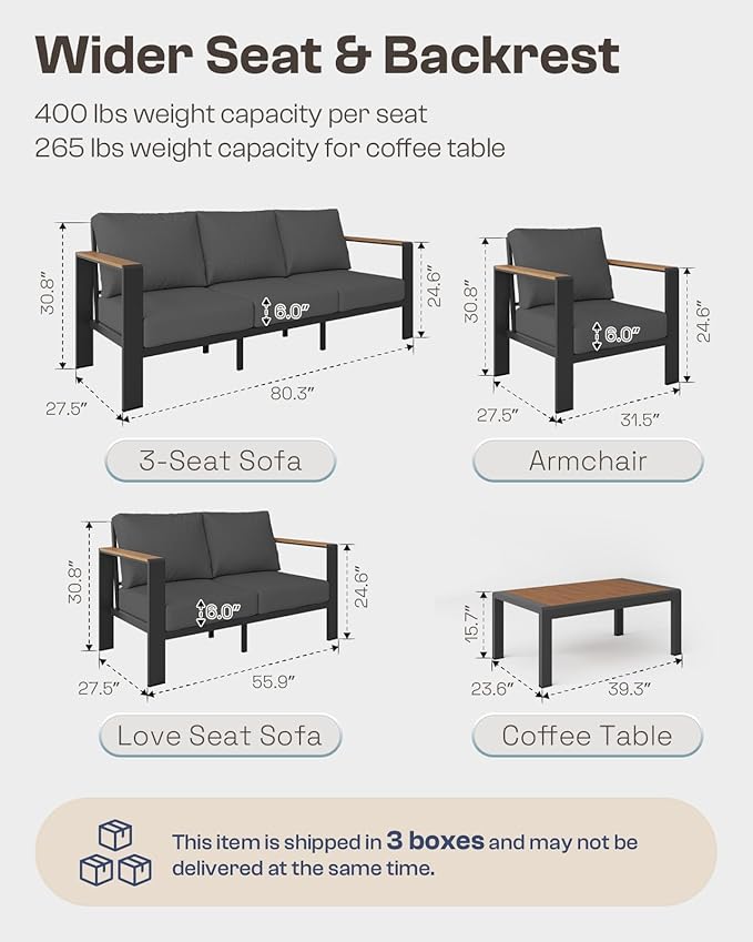Oasbira Aluminum Outdoor Sofa Bistro Set, 3 Piece Outdoor Patio Furniture Set with Washable Thick Cushion, Patio Sectional Furniture Set for Porch, Balcony, Deck, Yard, Graphite
