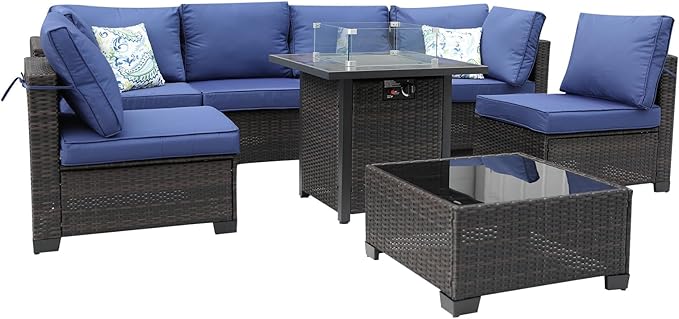 3D MATRIX 8 Pieces Patio Furniture Set with 28" Fire Pit Table, Wicker Outdoor Sectional Couch, Rattan Conversation Set for Backyard, Deck, Garden Lawn, Brown/Blue