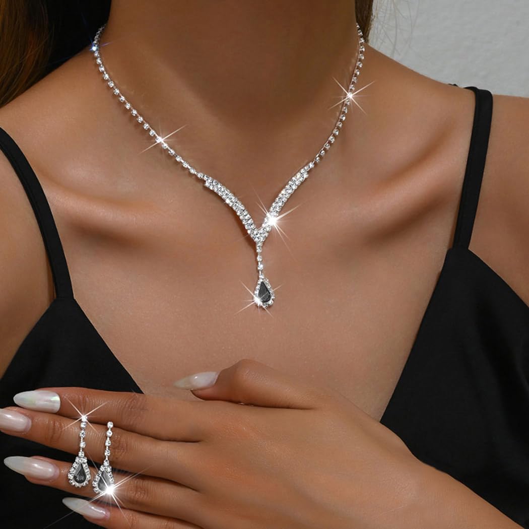 Unicra Bridal Wedding Jewelry Set Silver Rhinestone Necklace Earrings Sets Formal Costume Jewelry for Women and Brides (A-Black)