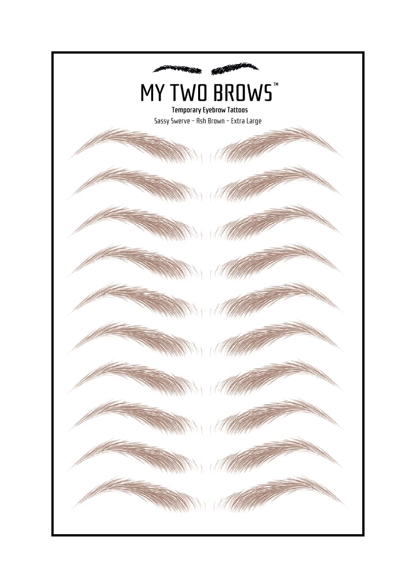 (10 pairs) Medium Brown Temporary Eyebrow Tattoo - Extra Large Size - Waterproof & Smudgeproof - Sassy Swerve Style Eyebrow Stickers - Sheet Lasts up to 30 Days - Won't Work on Existing Brows