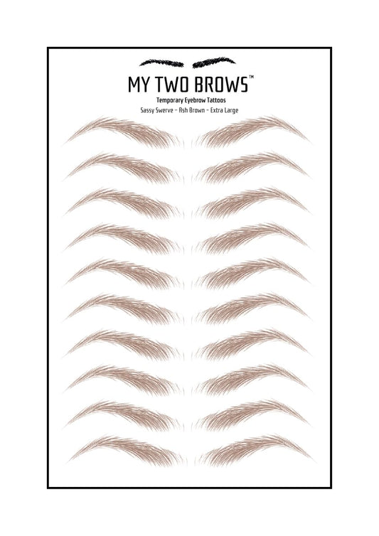 (10 pairs) Medium Brown Temporary Eyebrow Tattoo - Extra Large Size - Waterproof & Smudgeproof - Sassy Swerve Style Eyebrow Stickers - Sheet Lasts up to 30 Days - Won't Work on Existing Brows