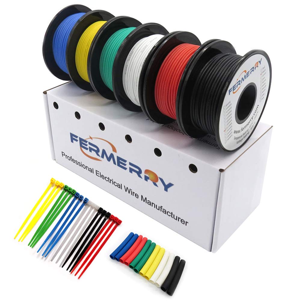 Fermerry 20 AWG Stranded Wire Spool 10ft Each 6 Colors Flexible 20 Gauge Silicone Hook up Wire Kit Electrical Tinned Copper Wire