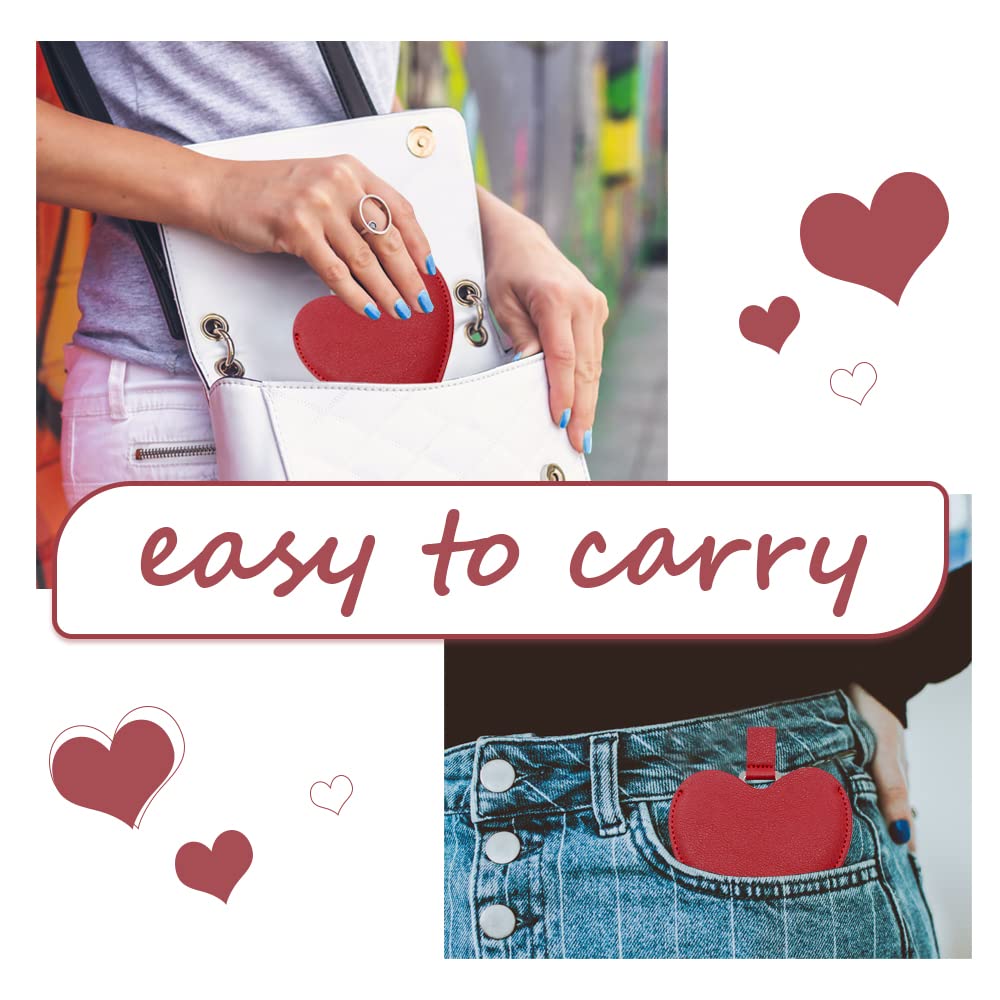 Compact Stainless Steel Mirror, Heart Shaped Shatterproof Pocket Mirror with PU Leather Sleeve, Mini Unbreakable Purse Mirror Po