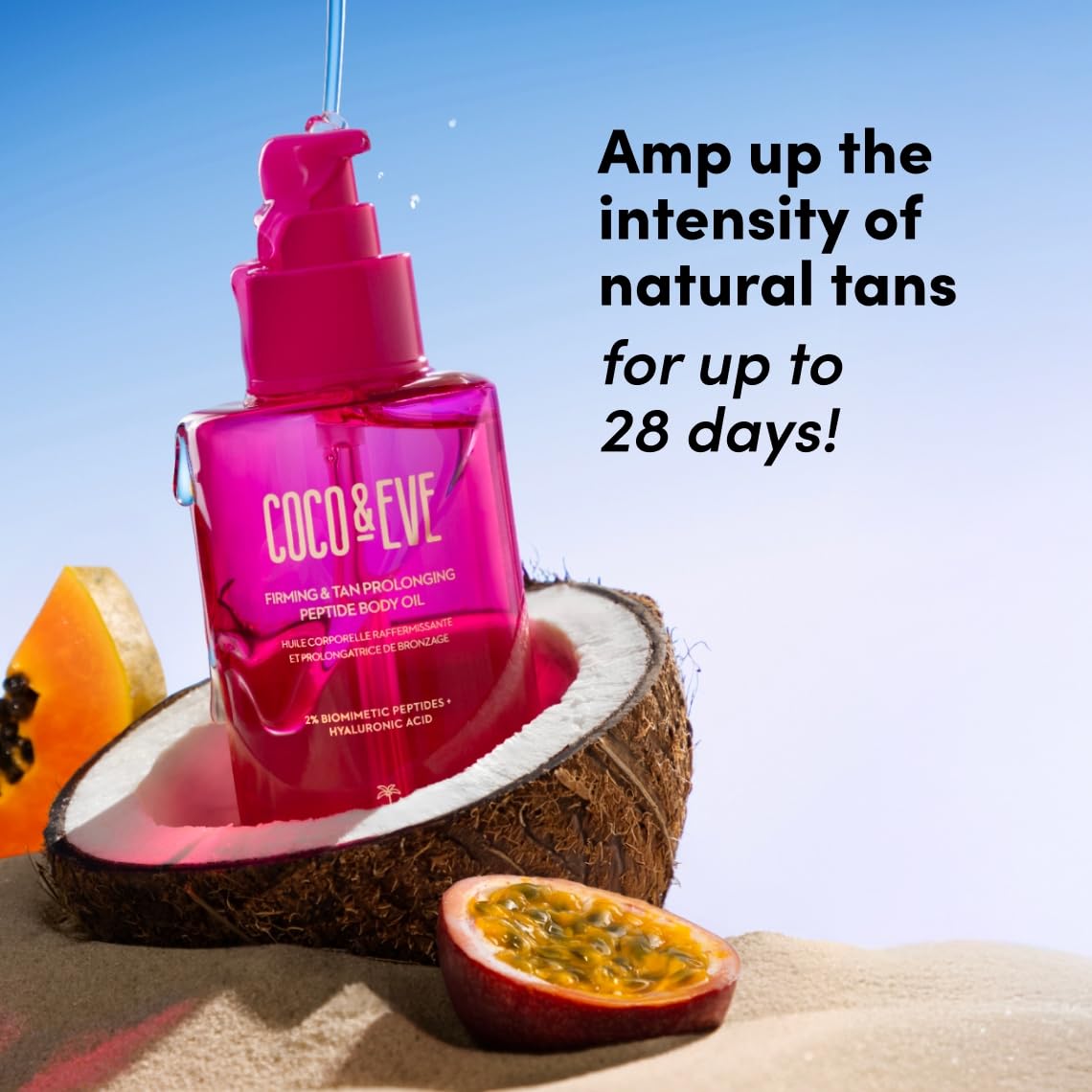 Coco & Eve Firming & Tan Prolonging Peptide Body Oil. Up to 28 Days Natural Tan Extender. After Sun Care with Tropical Oils, Vit
