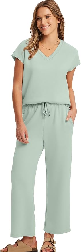 Saloogoe Two Piece Sets for Women Summer Outfits Lounge Sets V Neck Tops Wide Leg Pants Woman Vacation Travel Outfits