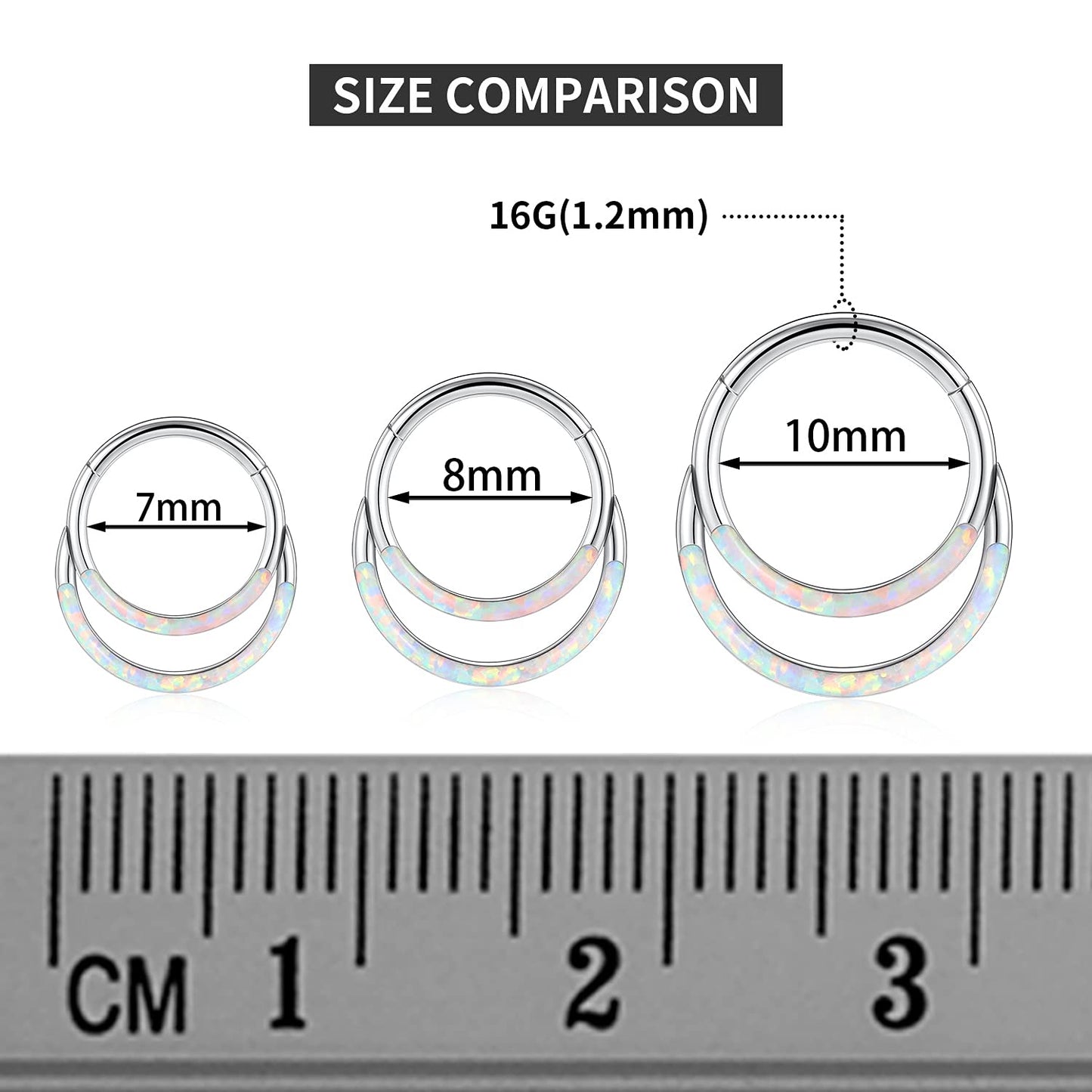 PEAKLINK 316L Surgical Steel Segment Clicker Daith Ring Double Layer Septum Piercing Jewelry 16G White Opal 8mm Helix Cartilage