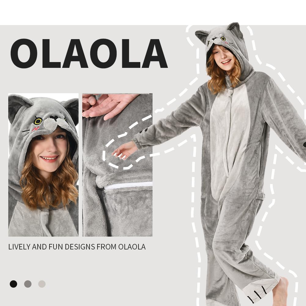 OLAOLA Adult British Shorthair Cat Onesie Animal Pajamas Flannel Homewear Sleepwear Halloween Cosplay Jumpsuit for Women Men