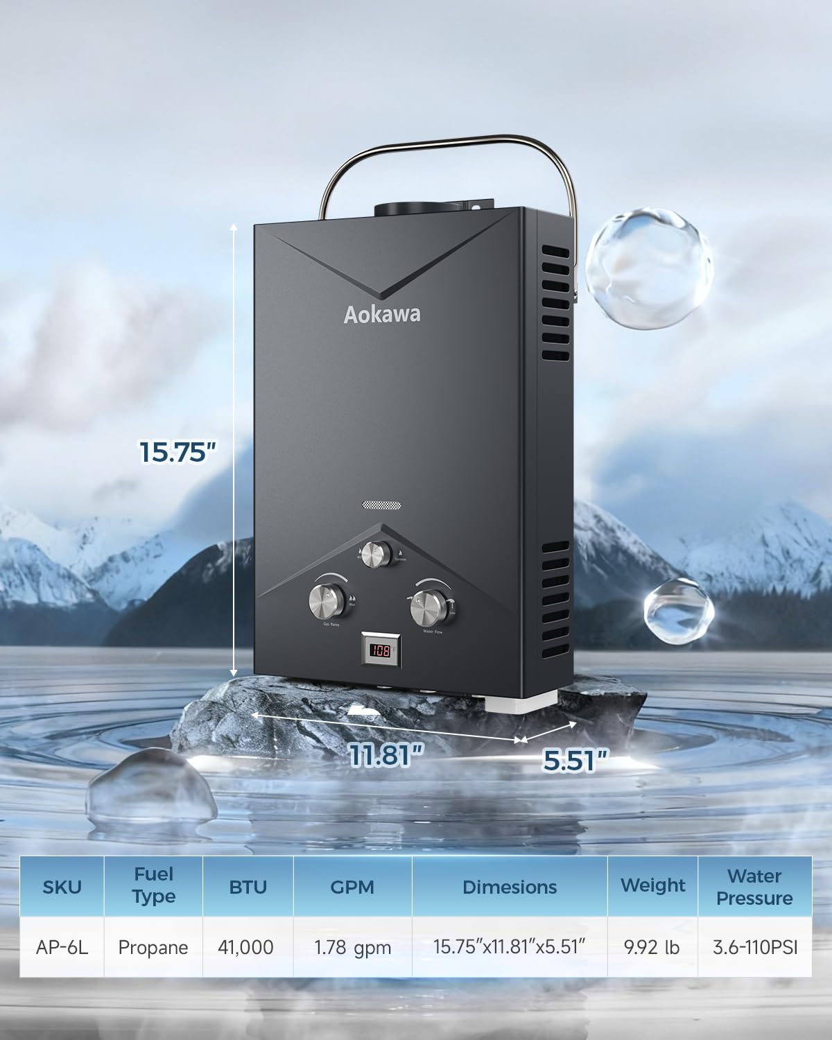 Aokawa Portable Propane Tankless Water Heater, 1.78 GPM On-Demand Hot Water Heater with Shower Head, Outdoor Camping RV Cabin Use, Propane Gas Instant Hot Water, Overheat & Anti-Freeze Protection