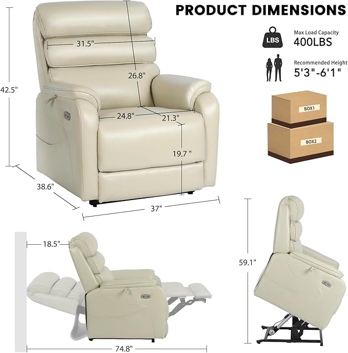 EONIX Wide Lay Flat Power Lift Recliner Chair for Elderly, 400lbs Heavy Duty Lift Chairs with Heat and Massage Charging Ports, Oversized Dual Motor Power Recliner for Adults, LRY004063, Cream White