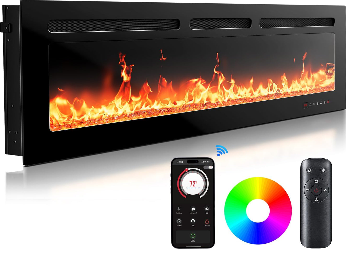 Silonn 50″Smart Electric Fireplace Heater with App & Remote Control, 4777 BTU Heat Output, Ultra-Slim Wall-Mounted or Recessed Electric Fireplace Inserts with Timer, 20 Flame Colors,WiFi Enabled