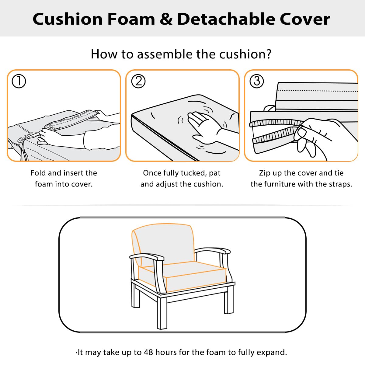Sundale Outdoor Olefin Deep Seat Cushion Set of 2, Patio Chair Cushion and Pillow, Water-Resistant Sectional Sofa Pad with Straps Dark Gray, 23 x 26 x 6 Inches