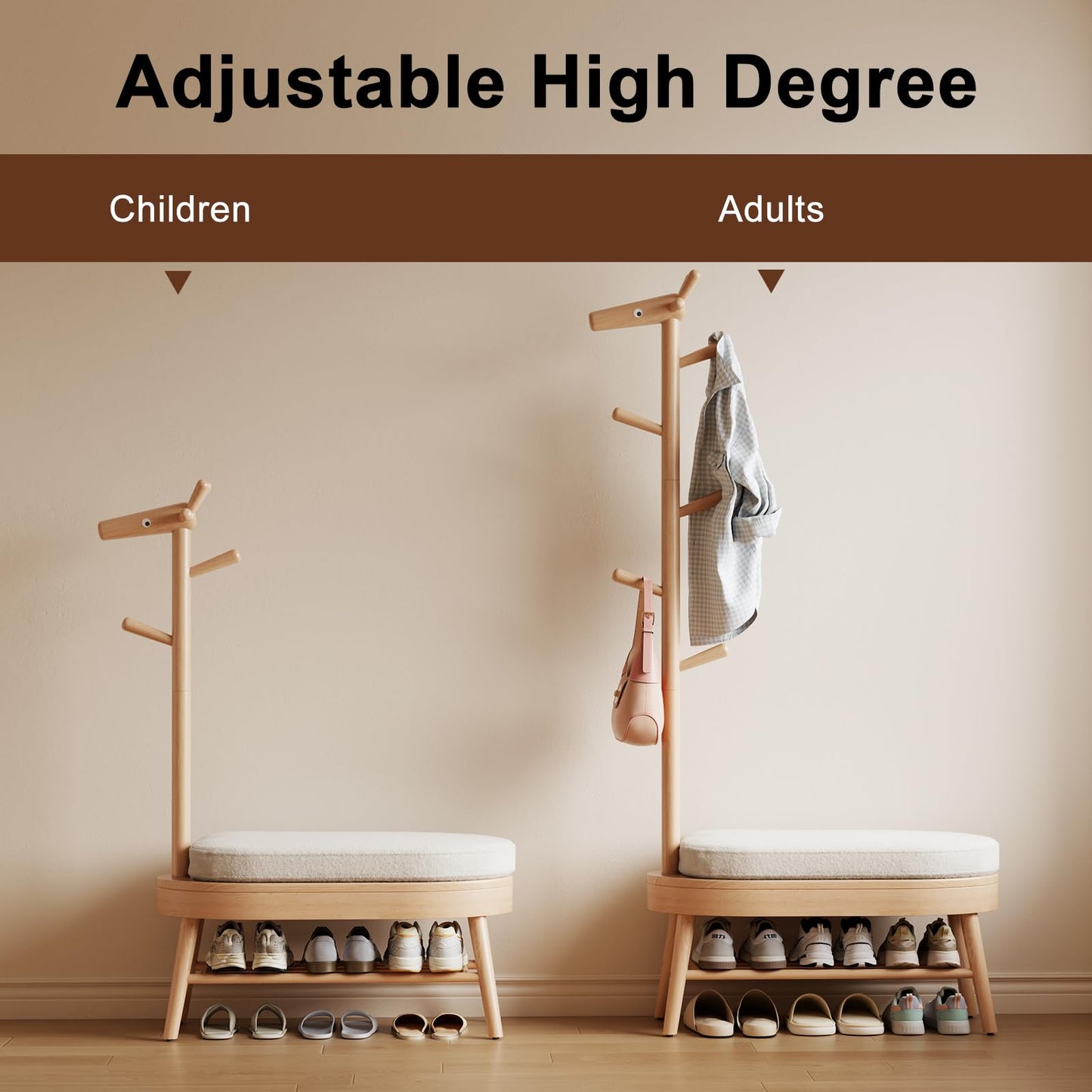 AQIMUELE Coat Rack with Shoe Storage, Wooden Shoe Bench with Coat Rack and Storage for Bench, (Natural)