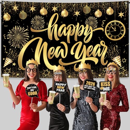 KatchOn, New Years Eve Party Supplies 2026 Set - Pack of 48 | Black and Gold Happy New Year Banner, New Year Photo Booth P...