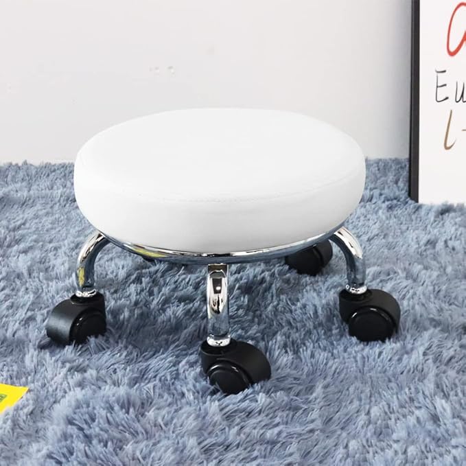 WKWKER Modern Roller Seat PU Leather Low Round Rolling Stool 360° Swivel Small Seat with Universal Wheels Foot Stool for Home Office Garage Shop Fitness Sport H：8.6" （White）
