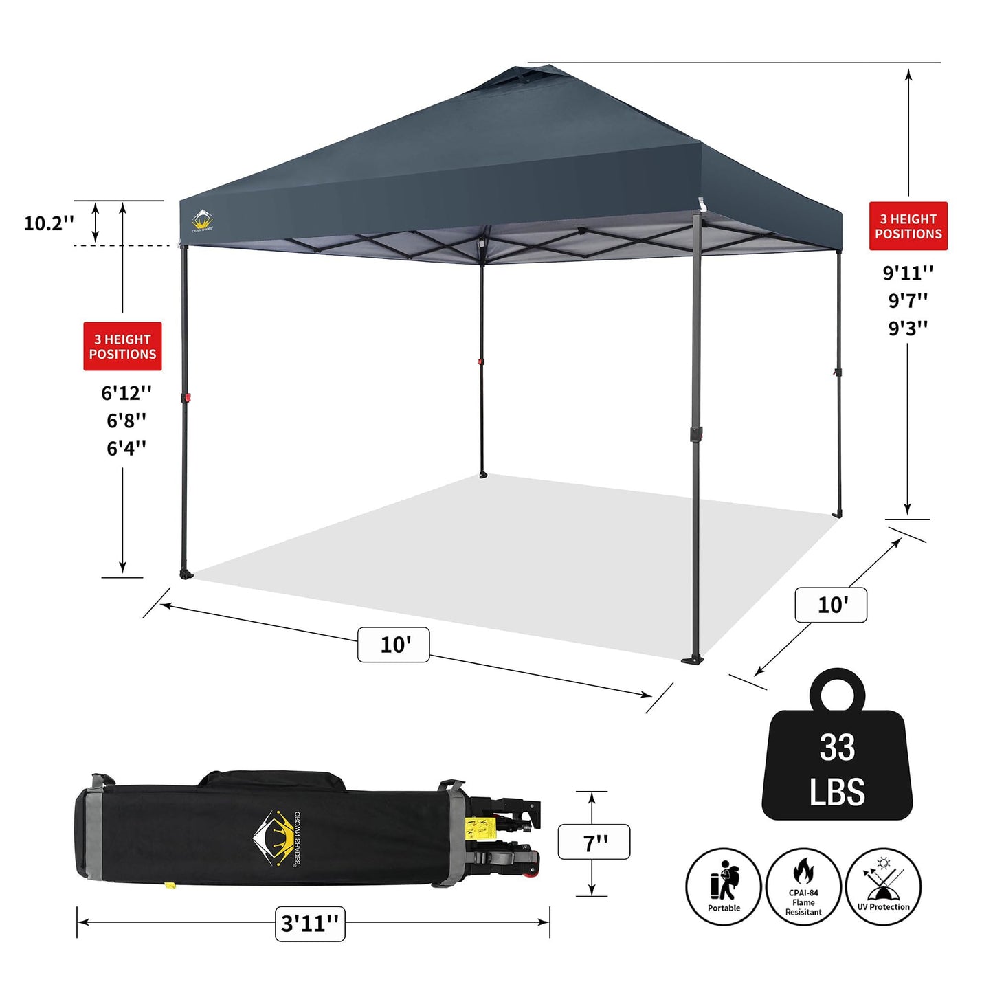 CROWN SHADES 10x10 Pop Up Canopy Tent - Patented Center Lock One Push Instant Outdoor Canopy Beach Tent with STO-N-Go Bag 8 Stakes & 4 Sand Bags，Grid Grey