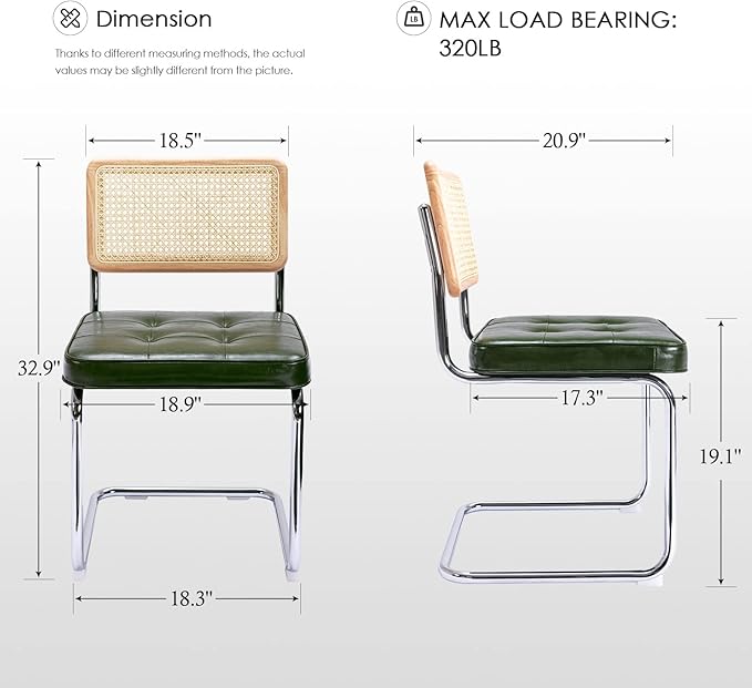 Zesthouse Natural Rattan Dining Chairs Set of 6, Modern Dining Room Chairs with Solid Wood Back for Kitchen Living Room, Mid Century Breuer Design Inspired, Upholstered Faux Leather Green