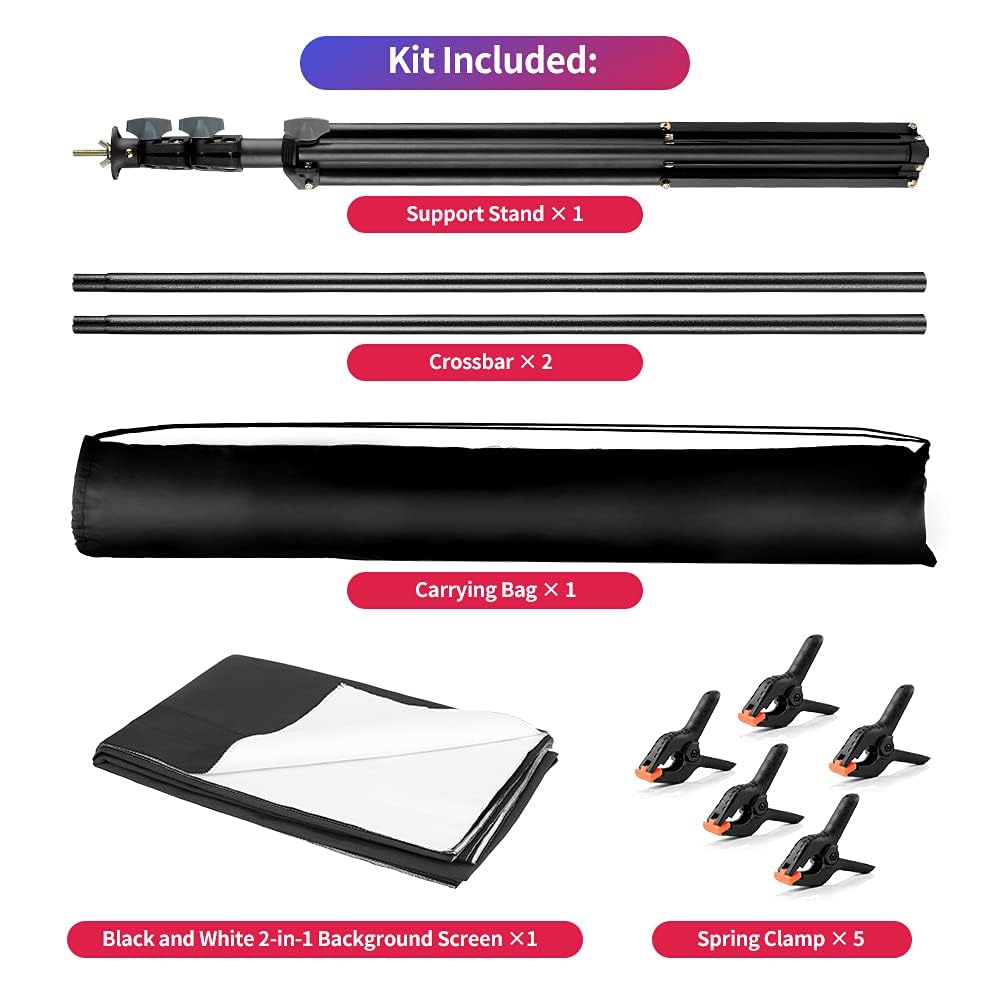 Black White Backdrop Screen with Stand Kit 5x6.5ft for Photo Video Studio, 2-in-1 Revisible Black Backdrop White Screen with T-Shaped Photography Background Support Stand and 5 Clamps
