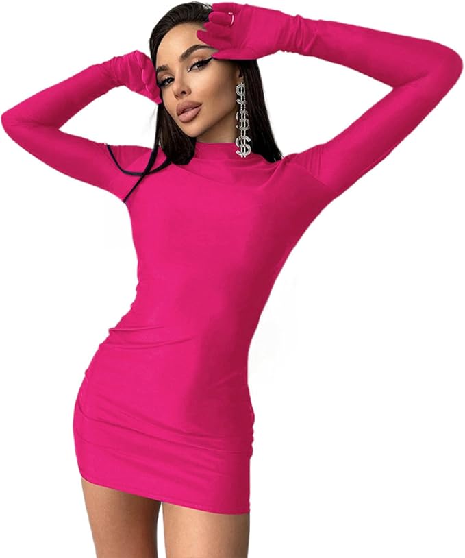 Caviotess Women's Sexy Turtleneck Mini Dress with Gloves Long Sleeve Bodycon Dress Party Festival Outfit Clubwear
