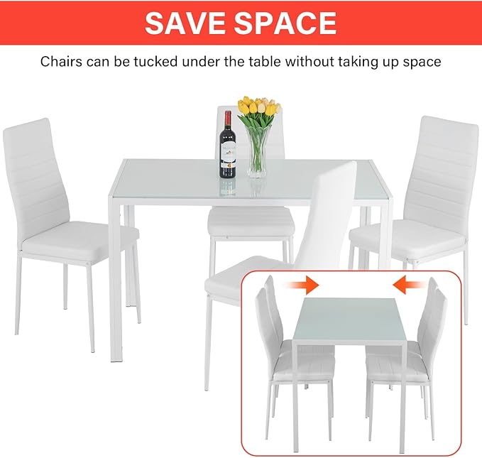 FDW | 5-Piece Dining Table Set | White | Glass Kitchen Table with 4 Upholstered Chairs and Faux Leather Cushions | Space-Saving and Modern Design | for Dining Room, Easy to Assemble