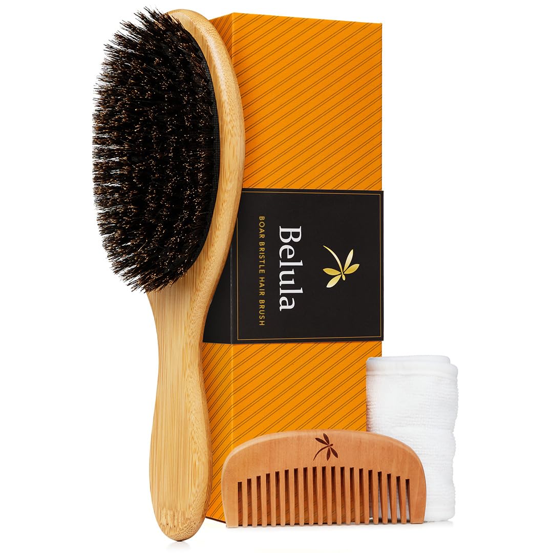 100% Boar Bristle Hair Brush for Women Set by Belula (L Size). Soft Natural Bristles for Thin and Fine Hair. Wooden Comb, Travel