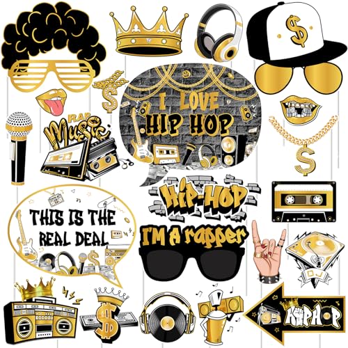 Cheereveal Golden and Black Hip Hop Photo Booth Props - 24 Pieces Retro Rock and Roll 90s Disco Music Themed Birthday Bach...