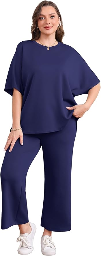 Sampeel Two Piece Sets for Women Summer Outfits Oversized Wide Leg Crop Pants Lounge Sets Airport Beach Vacation Clothes