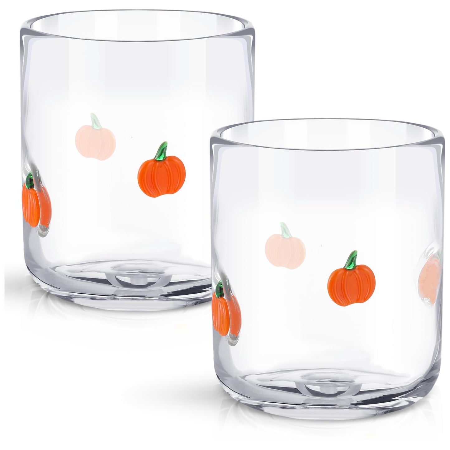 SiliFine 2 Pcs Pumpkin Icon Juice Glasses, 14 oz Fall Pumpkin Stemless Wine Drinking Coffee Glass Cup for Halloween Thanksgiving Day Party Supplies & Gift