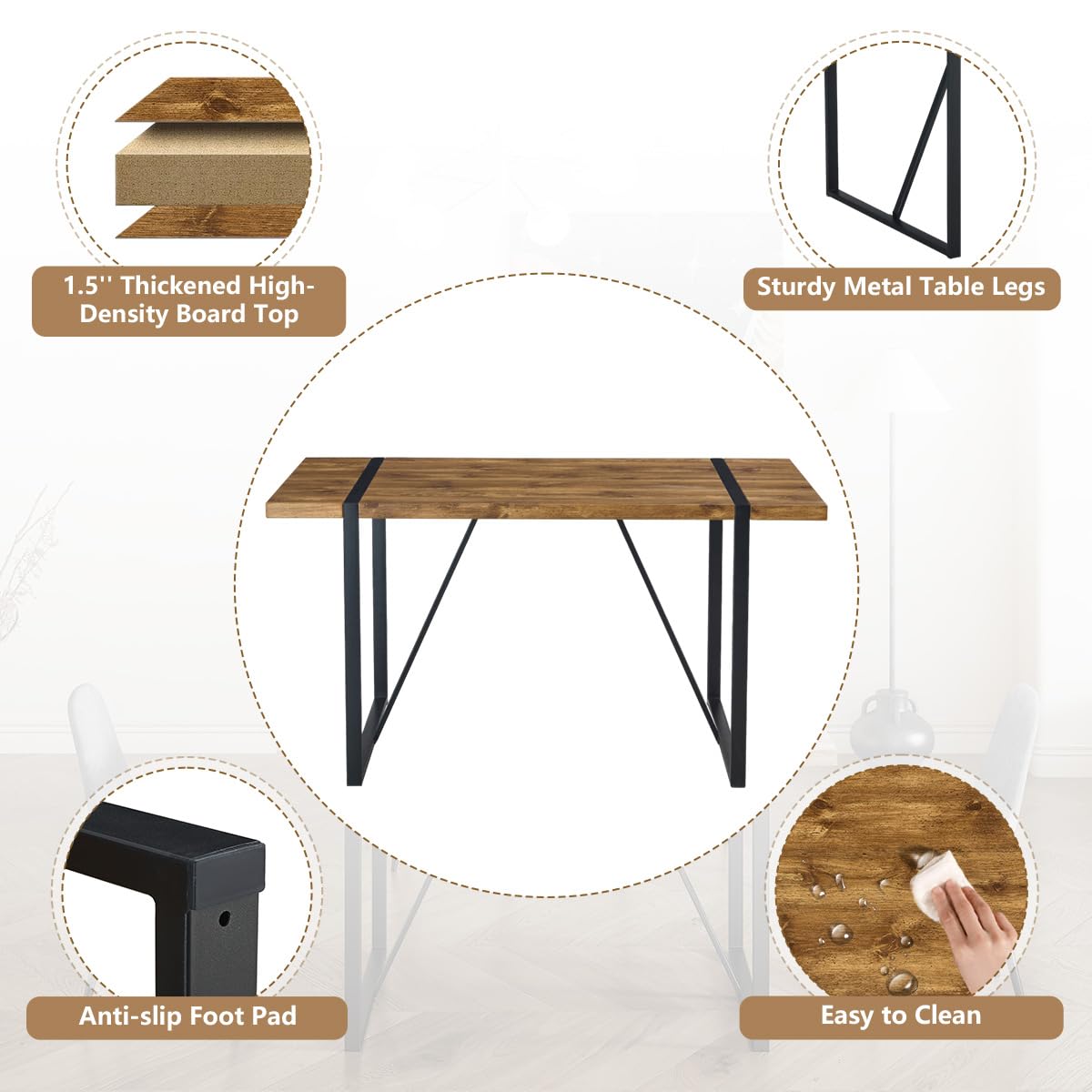 UELKS Dining Table Set for 4，Dinner Table Set for 4，55'' Kitchen Table and Suede Nap Fabic Chairs Set of 4, 5 Piece Dining Table Set for Kitchen Dining Room