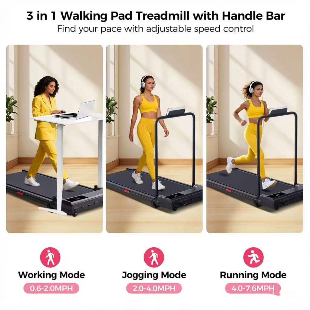 HevGlrm Walking Pad with Handle Bar, 2026 Upgrade Small Walking Pad Treadmill for Home, 3.0HP Portable Under Desk Treadmill with Handles for Home Small, 0.6-7.6MPH, 350LBS