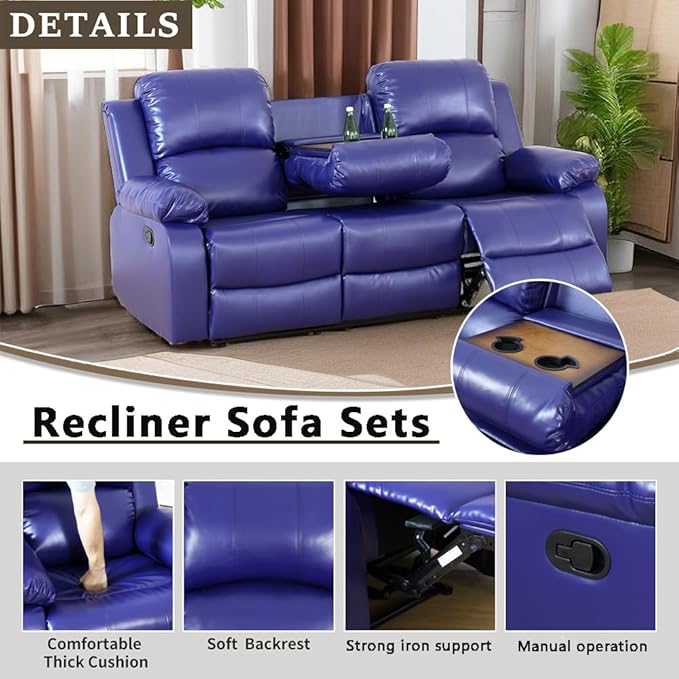 A Ainehome Living Room Furniture Set Leather Recliner Sofa Set Loveseat Chair Furniture Sofa Set for Living Room/Small Space/Rv/House/Office/Theater Seating (A-Blue Leather, Sofa(3seater))