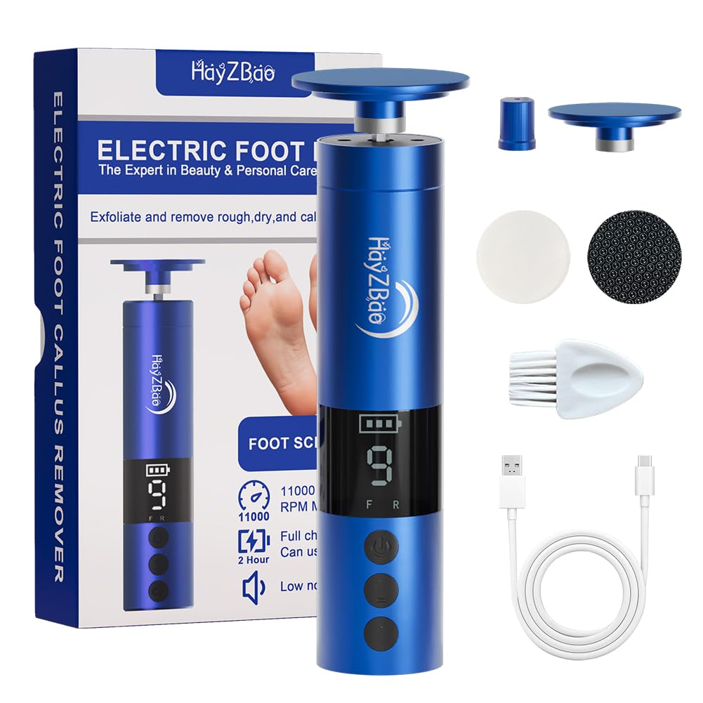 HayZBao 11000 RPM Rechargeable Electric Foot Callus Remover with 2Glass Sander Discs - Cordless Foot Scrubber,Professional Pedic