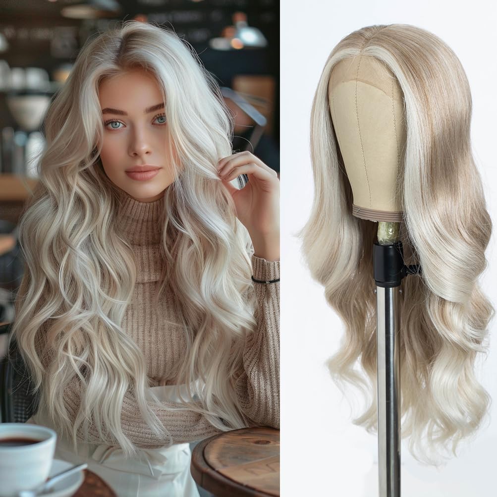 Style Icon HD Lace Front Wig 26 Inch Long Body Wave Wigs Synthetic Fiber Highlight Beige Blonde Blend Color Pre Plucked Baby Hai
