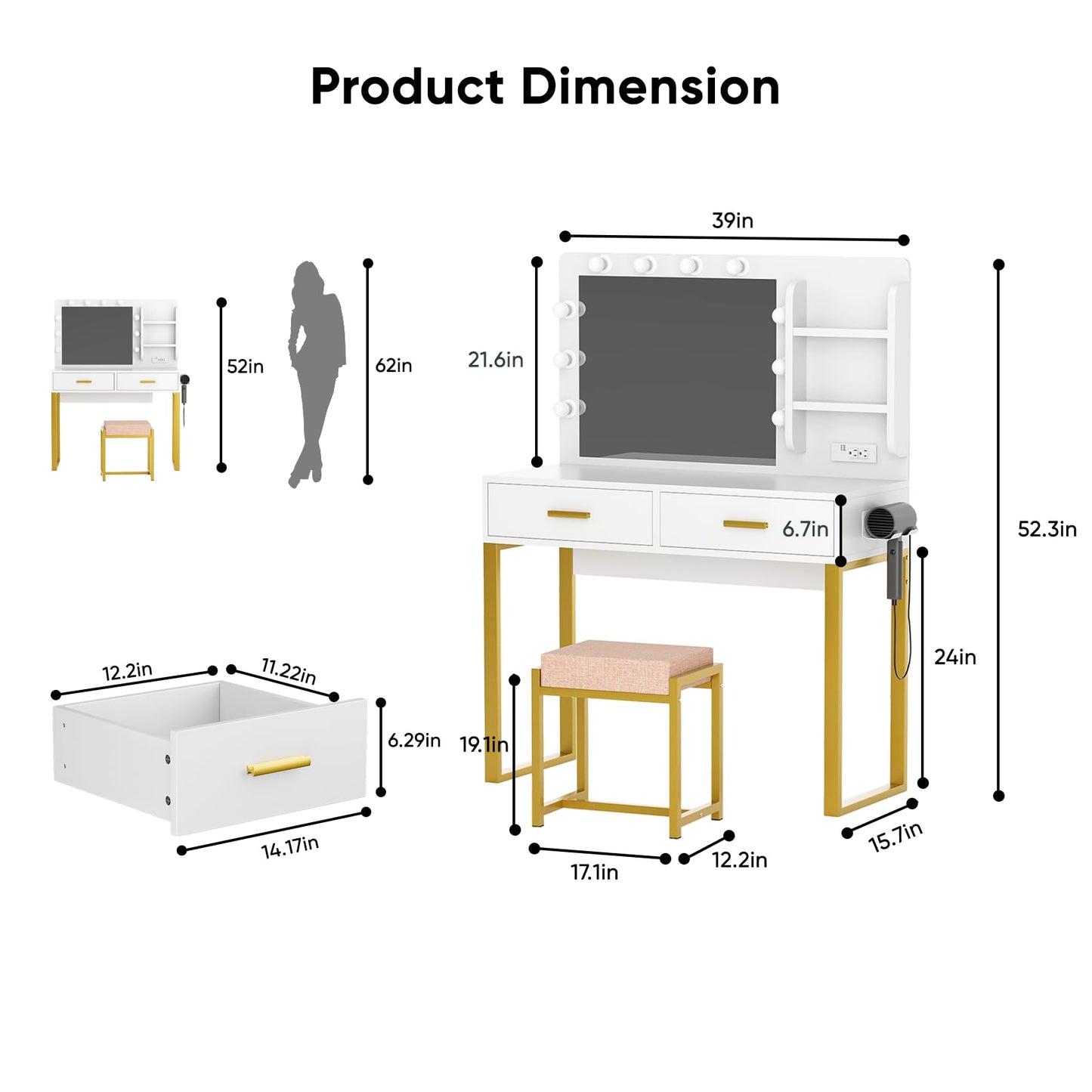 Morwdxef Makeup Vanity Desk with Power Outlet,Mirror and Lights,Makeup Vanity Table with 2 Storage Drawers and Chair Set,3 Color Modes Available