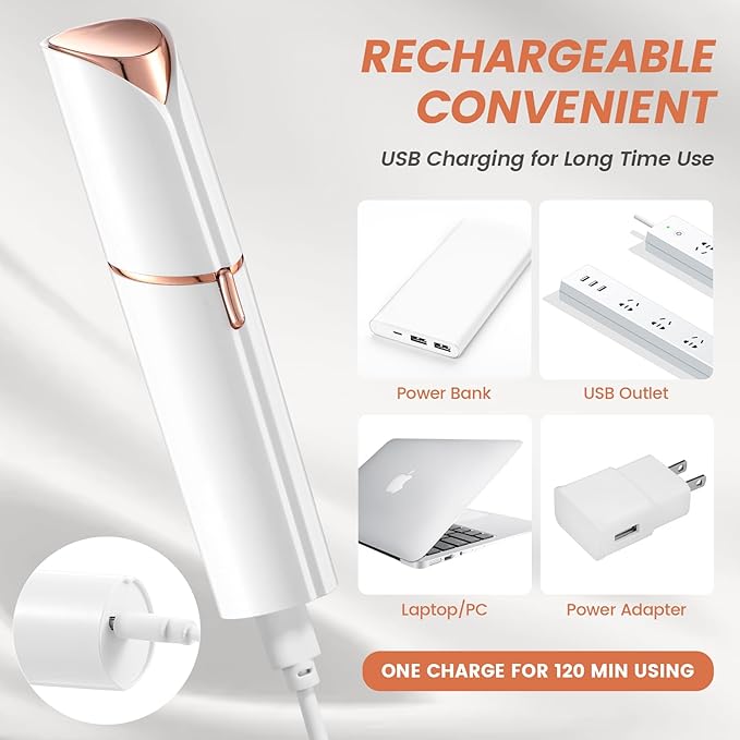 Facial Hair Removal for Women, Device, Remover Women Face, Finishing Touch Upper Lips, Chin & Cheeks, USB Rechargeable with LED LightIncluded Two Replacement Heads（White）