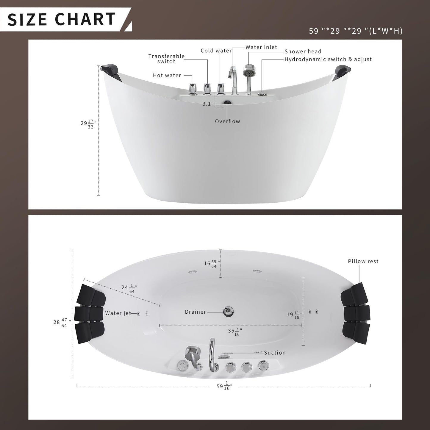 Empava 59" Freestanding Whirlpool Tub with Center Drain,Stand Alone Bathtub with 8 Hydromassage Jets, Boat-Shaped Design,Acrylic,ETL Certificated