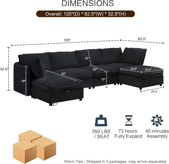 125" Oversized Modular 6 Seater Sofa with Removable Covers and Storage, Convertible U, L-Shaped and Sleeper Sectional, Modern Corduroy Couches with Ottoman Chaise for Living Room, Apartment, Black