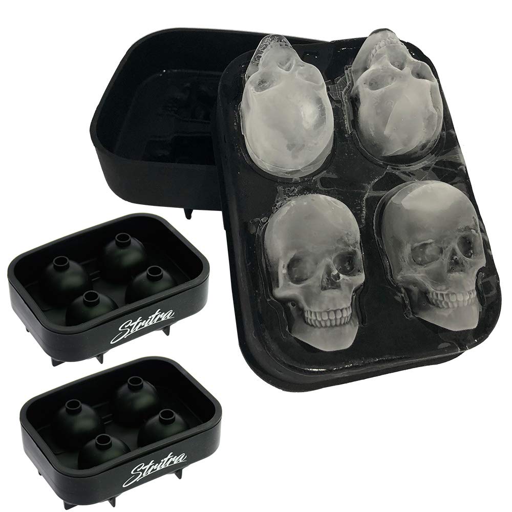 Stritra - 3D Skull Ice Mold (Pack of 2) Easy Release Silicone Mold,8 Cute and Funny Ice Skull for Whiskey,Cocktails and Juice Beverages,Black
