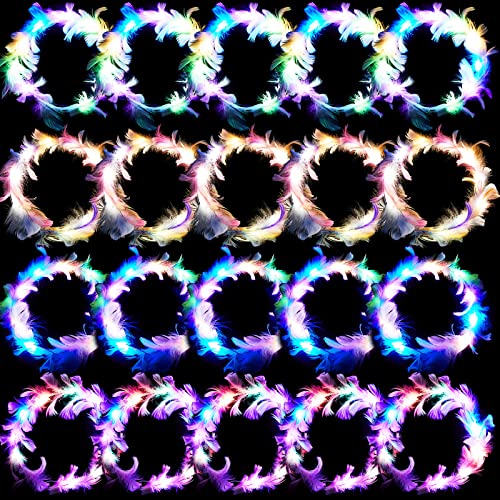 Taiyin 20 Pieces LED Feather Crown Headband Light up Angel Wreath Headband Flower Crowns for Women Wedding Halloween Birth...