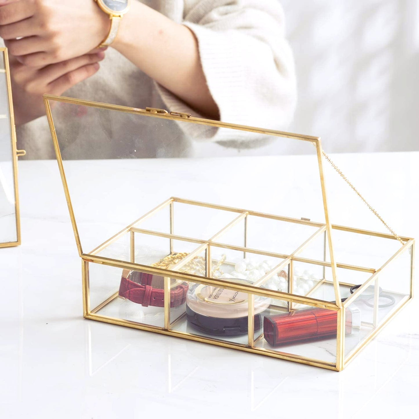 Golden Vintage Glass Box Clear Glass & Brass Metal Storage Jewelry and Cosmetic Makeup Lipstick Holder Organizer Beauty Display,