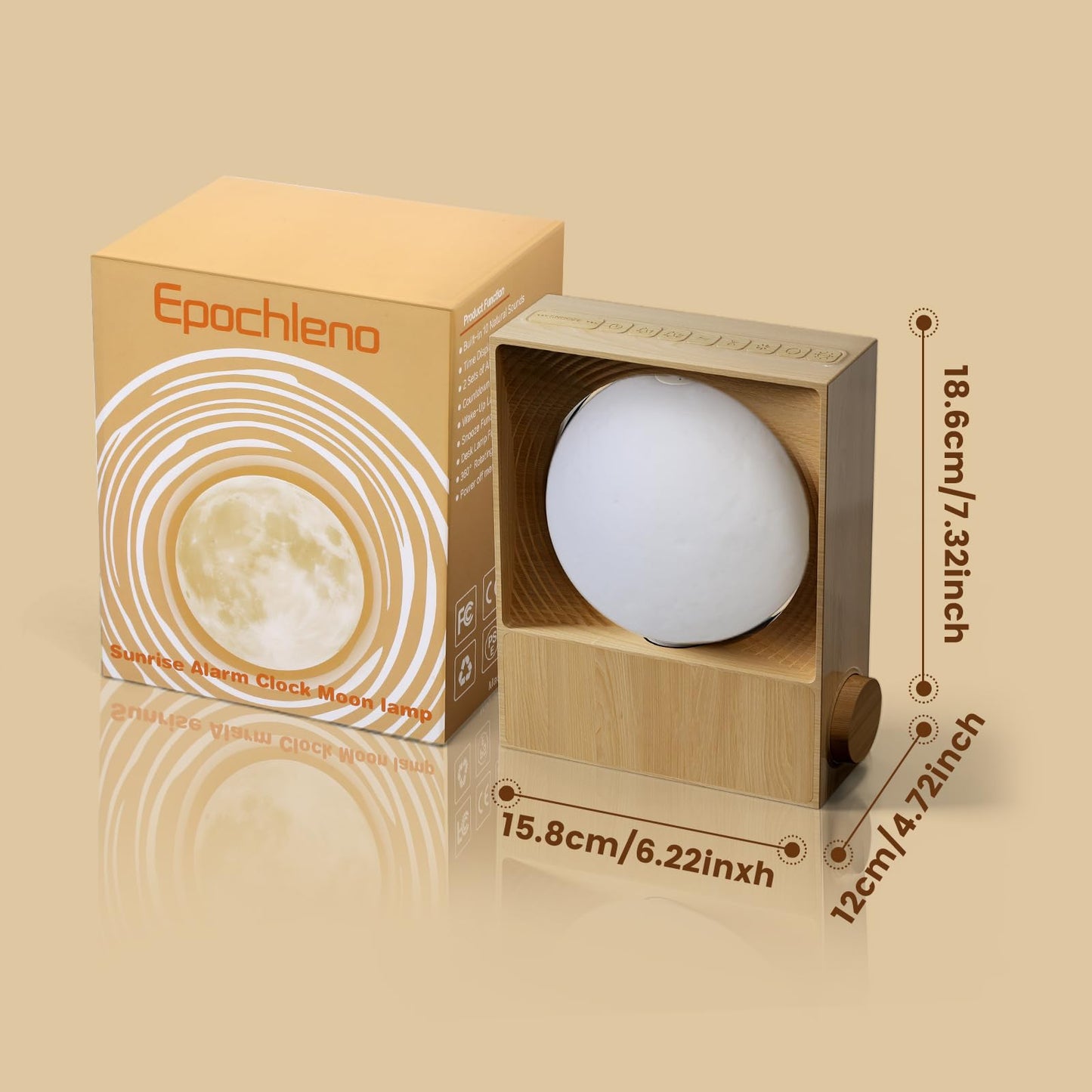 Epochleno Sunrise Alarm Clock, 360-Degree Rotating Moonlight & 10 White Noise Sounds, Dual Alarm & Snooze for Heavy Sleeper, Timer, Wooden Bedroom Light Gift - Wood