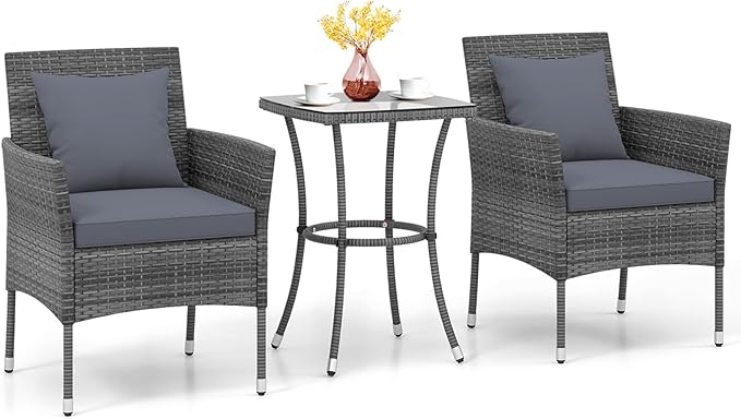 KOTEK 3 Pieces Patio Furniture Set, PE Rattan Outdoor Conversation Set with Tempered Glass Table & Soft Cushions, Wicker Bistro Set for Garden, Porch, Balcony (Grey)