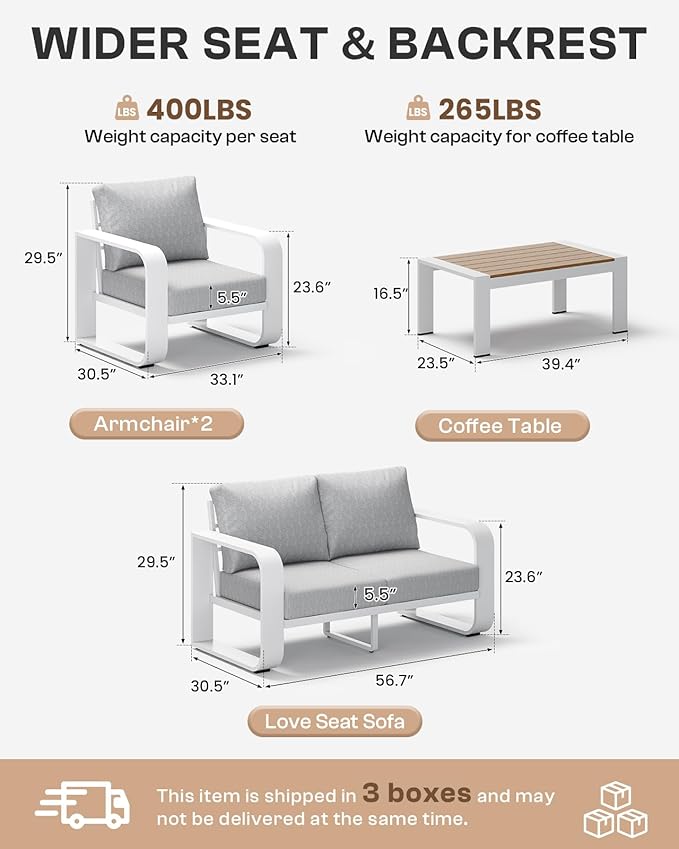 Aluminum Outdoor Patio Furniture Set, 4 Piece Oversized Patio Conversation Sets Widened Armrest & Ultra-Thick Cushions, Heavy Duty Modern Sectional Furniture for Backyard, Deck, White