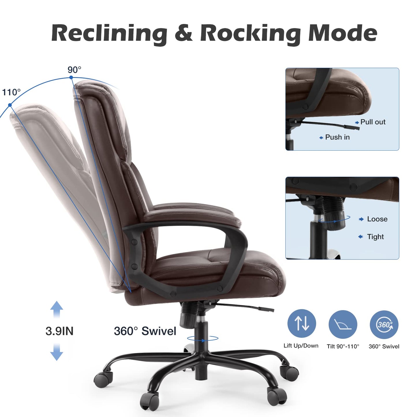 Executive Office Chair - Ergonomic Home Computer Desk Chair for Heavy People with Wheel, Lumbar Support, PU Leather, Adjustable Height & Swivel