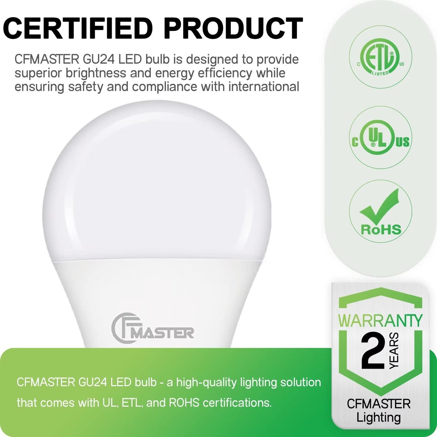 CFMASTER GU24 LED Light Bulb, 5000K Daylight, 9W(100W Equivalent), 800 Lumens, A19 Shape GU 24 LED Bulbs, Twist and Lock GU24 Pin Base with Two Prongs, Non-Dimmable, UL ETL Certificated(12-Pack)