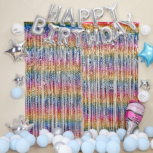 3 Pack Colorful Foil Fringe Curtain Backdrop - 6.6 x 3.3 ft Wavy Rainbow Tinsel Backdrop Curtain Metallic Streamers Irides...