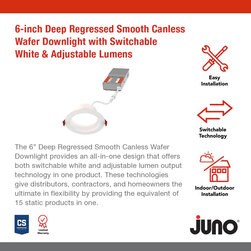 Juno LED Recessed Lights 6 Inch Round Wafer Downlight, 5-in-1 Switchable White Color Temperature, Adjustable Brightness, Deep Regressed Smooth Trim, 6-Inch, Matte White