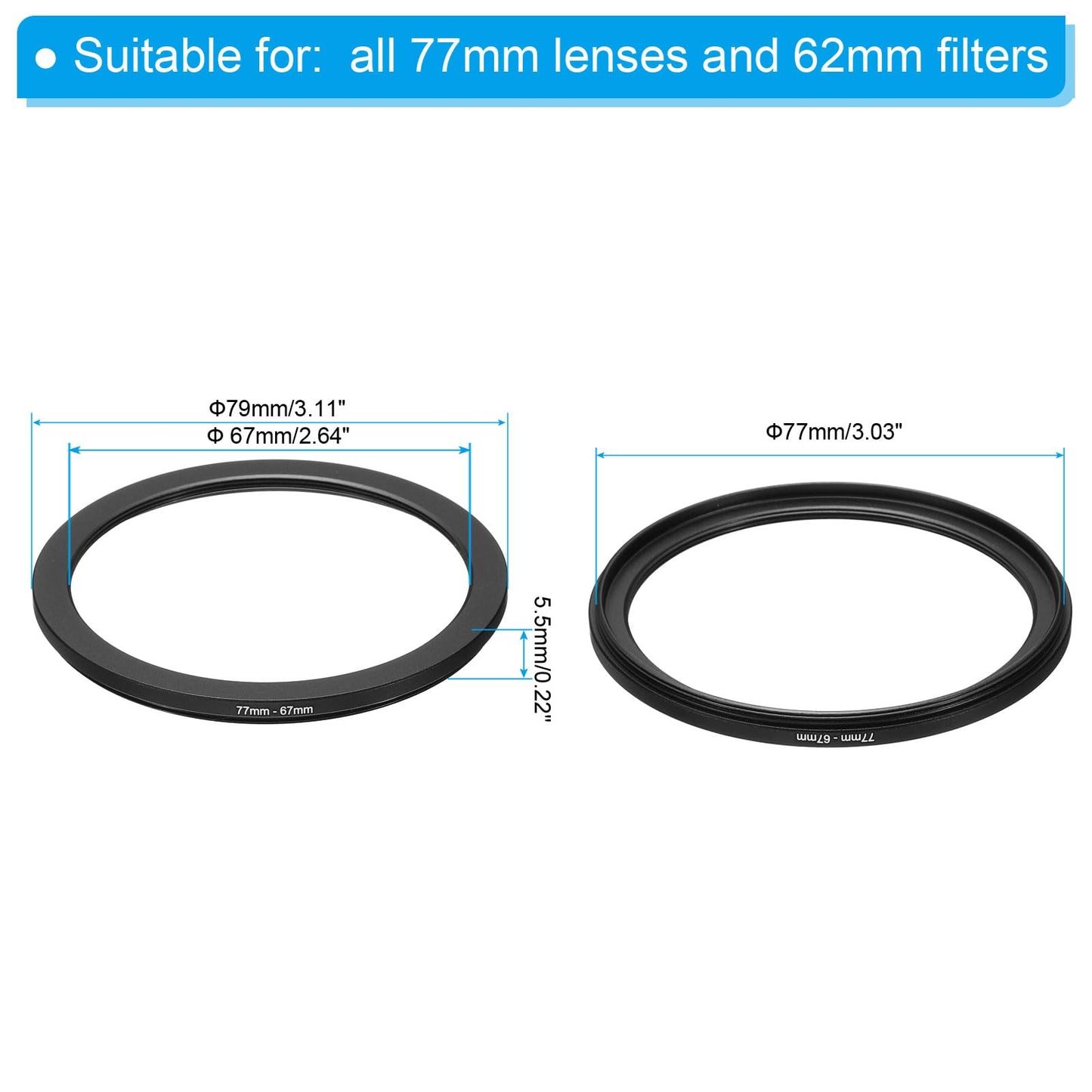 Patikil 77Mm-67Mm Metal Step Down Ring, Camera Lens Filter Adapter Ring Aluminum Filter Adapter Ring For Camera Lenses Hood, Bla