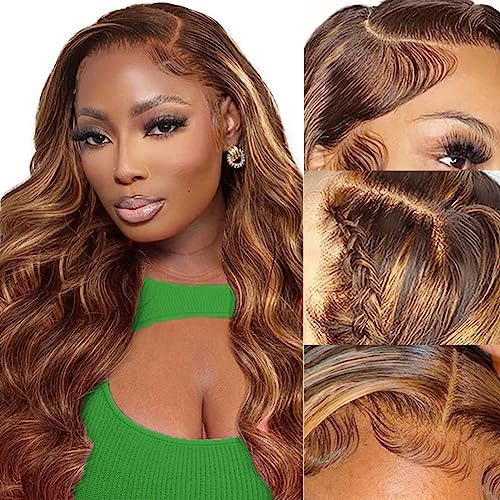 26 Inch Honey Blonde Lace Front Wig Human Hair Pre Plucked Ombre 13x4 Body Wave Lace Front Wigs Human Hair 4/27 Highlight 180 Density HD Lace Frontal Wigs