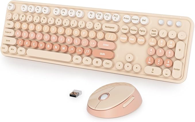 Wireless Keyboard and Mouse Set, Retro Typewriter Keyboard, 2.4GHz Full Size 104-Key Cute Keyboard with Number Pad, Colorful Keyboard with Round Keycaps for Windows PC Laptop(Brown)